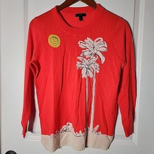 J.Crew 100% Merino Wool Palm Tree Sweater Womens Size M Coral Knit Crewneck